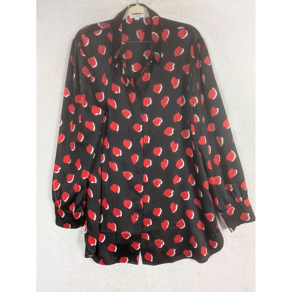 Chico's Button Down Women's 3 Black Red Heart Print Long Sleeve Collared Blouse